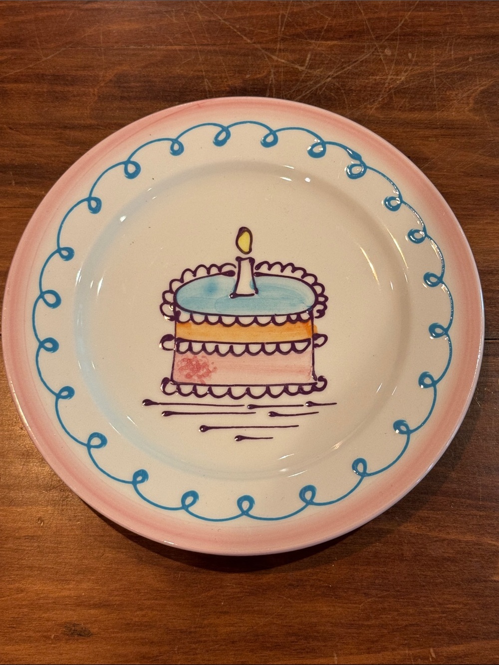 Vintage Ceramiche Toscane 8 1/2” Plate Hand-Painted Birthday Cake Blue Pink 1999